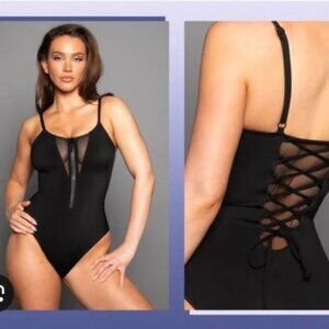 TA3 Black One Piece Swimsuit High Cut Leg Mesh Zipper Front Zippy Sculpting sz M